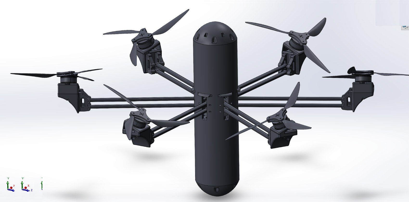 Air–water hexarotor AUV cycling through its configurations: arms extended, arms retracted, props extended, props folded.