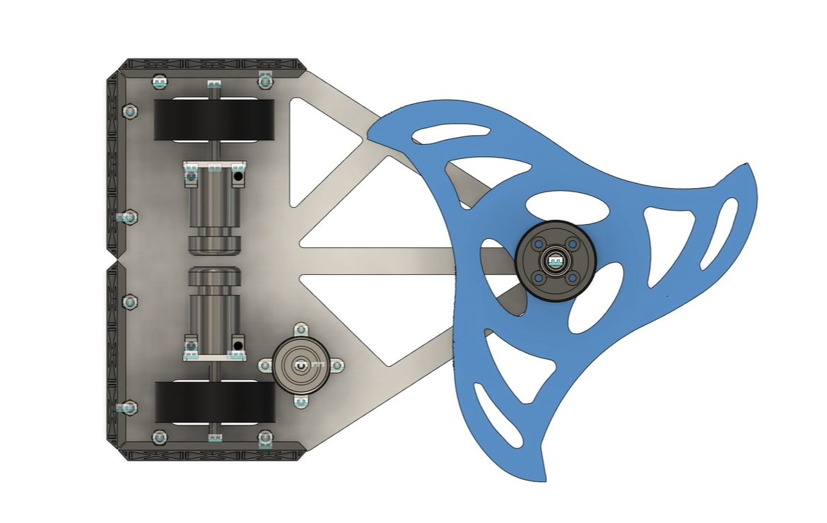 Plan view of the assembly showing the internal layout and the weapon bar overhang.