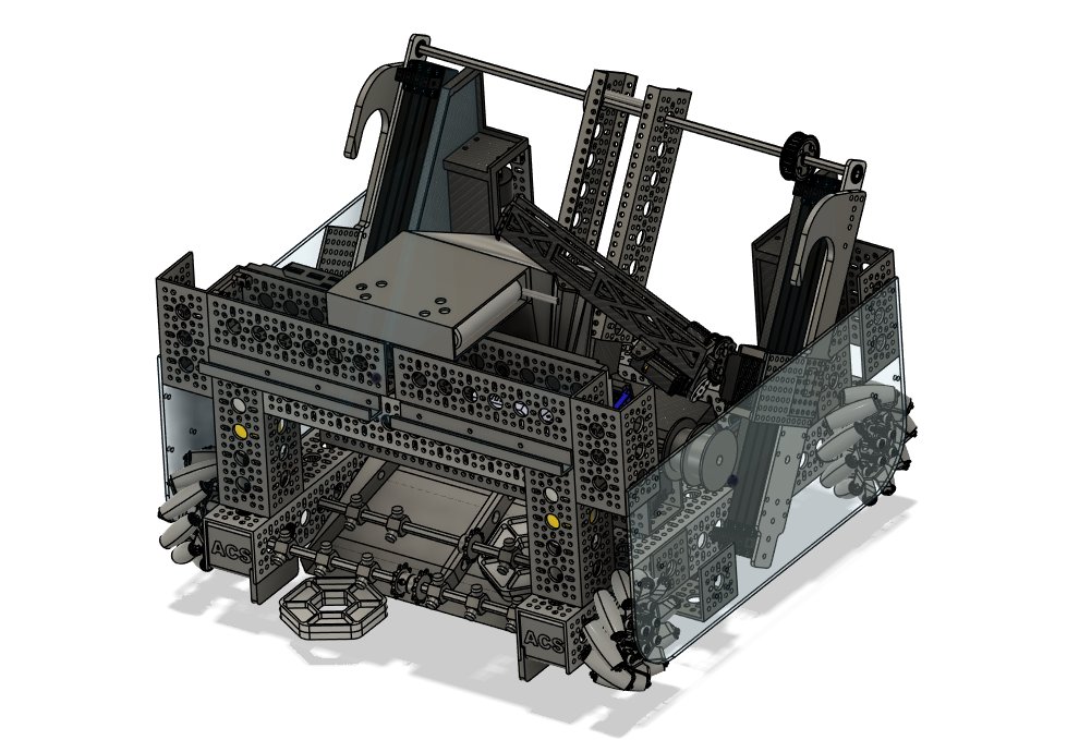 Full-robot CAD in SolidWorks — hang hooks raised, a pixel staged at the intake.