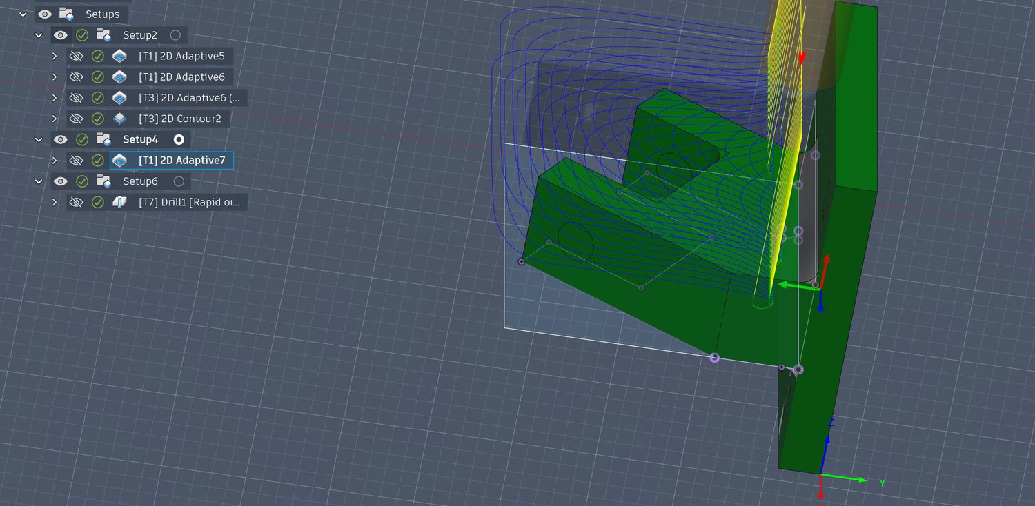 Fusion 360 CAM setup tree with 2D adaptive, contour, and drill operations programmed on a jig bracket.