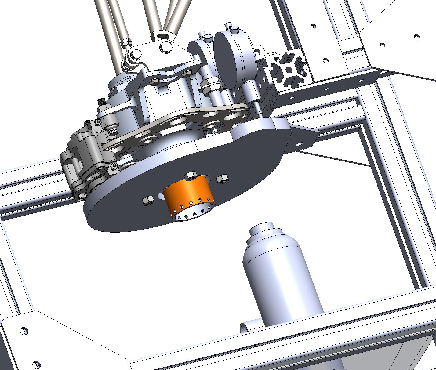 Upright and hub mounting plate with the pancake load cell (orange) in series below the hub face.