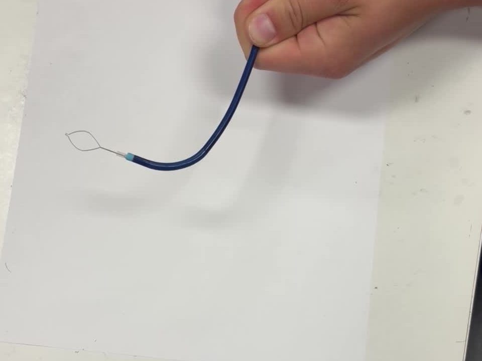 The final 3.4 mm sheath: distal tip deflected, snare loop deployed past the steerable section.